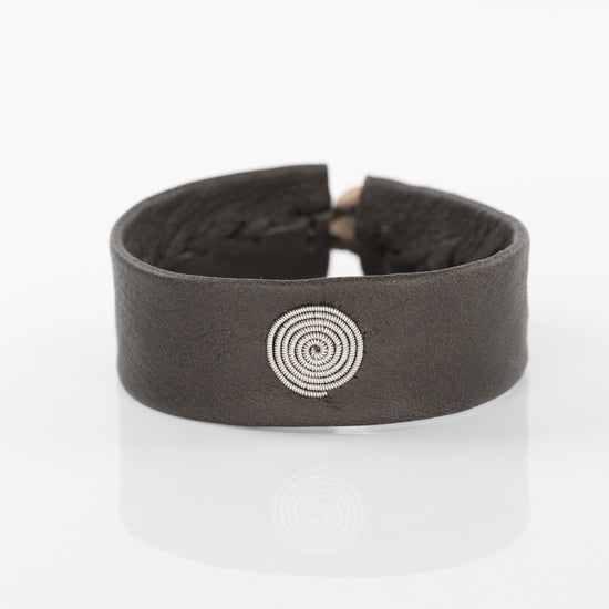 Spiral Silver Circle Bracelet on Khaki Leather