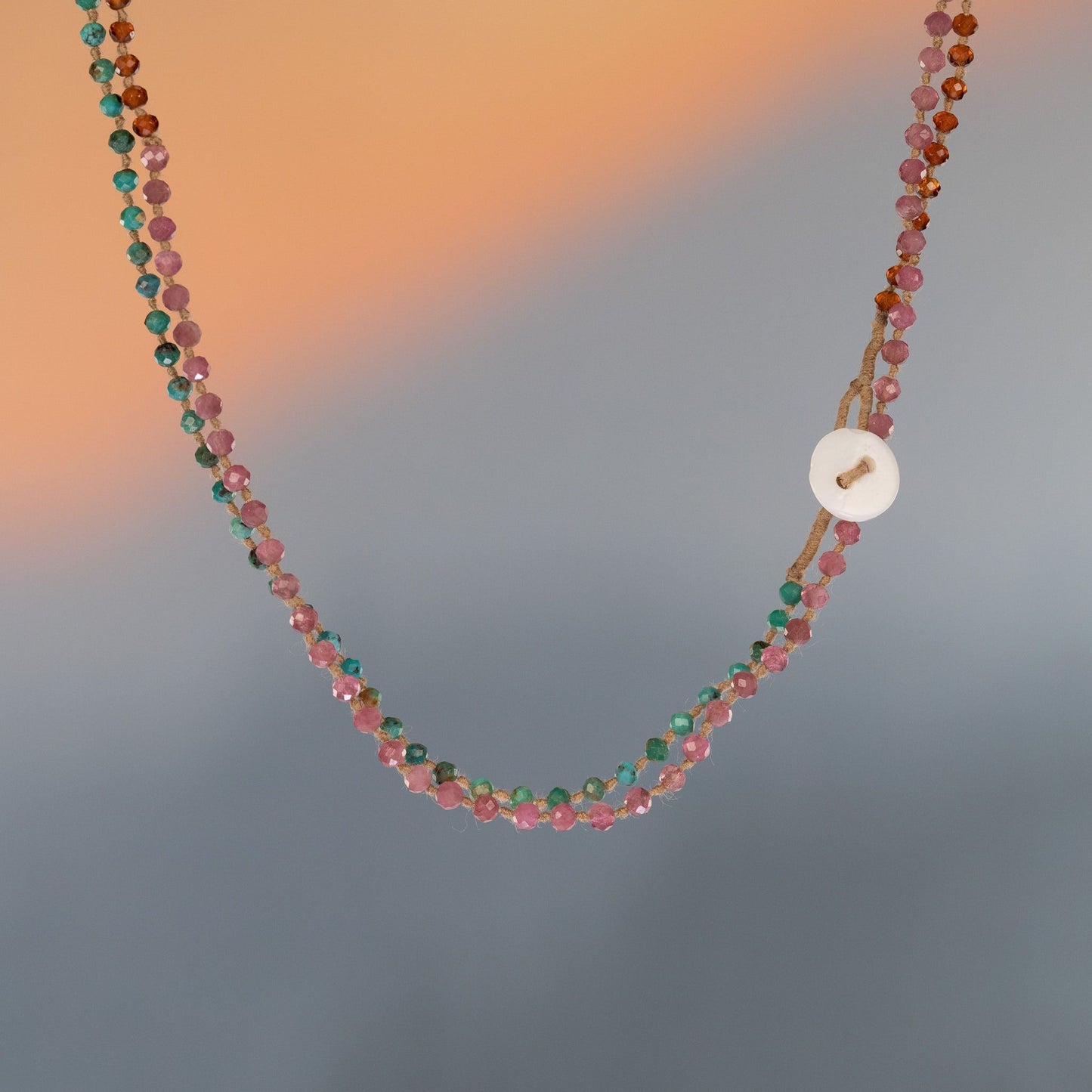 Turquoise, Pink Tourmaline and Hessonite Button Closure Necklace 32"