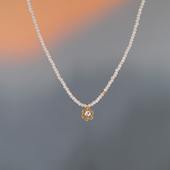 White Zircon Beaded Necklace with 18K Diamond Drop
