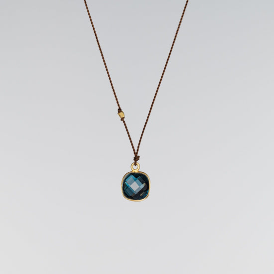 18K Yellow Gold Square London Blue Topaz Necklace