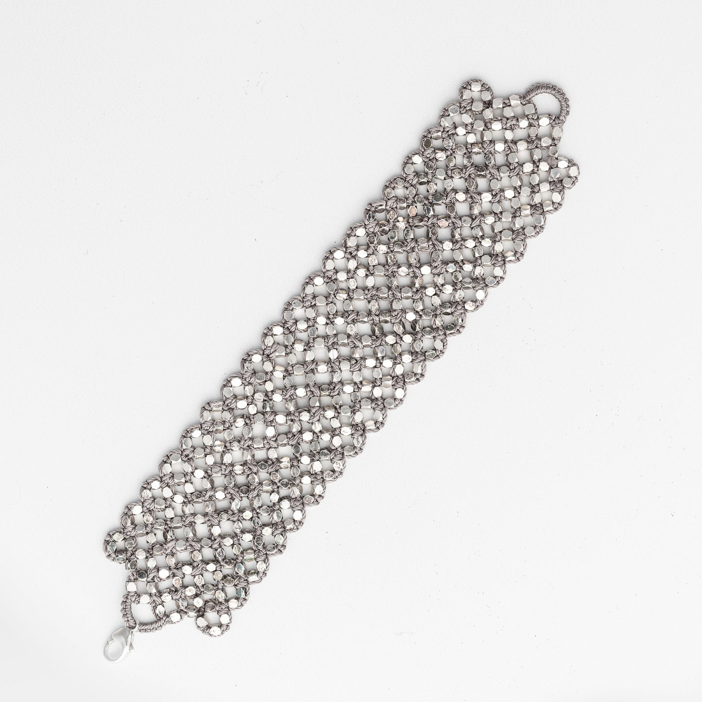 Danielle Welmond Woven Sterling Silver Nugget Bracelet with Taupe Silk Cord