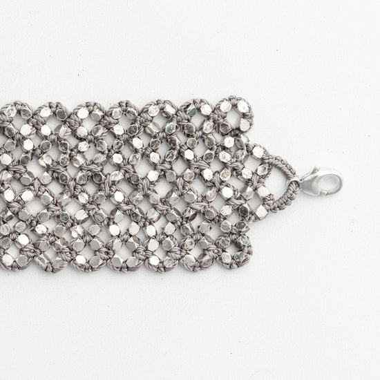Load image into Gallery viewer, Danielle Welmond Woven Sterling Silver Nugget Bracelet with Taupe Silk Cord
