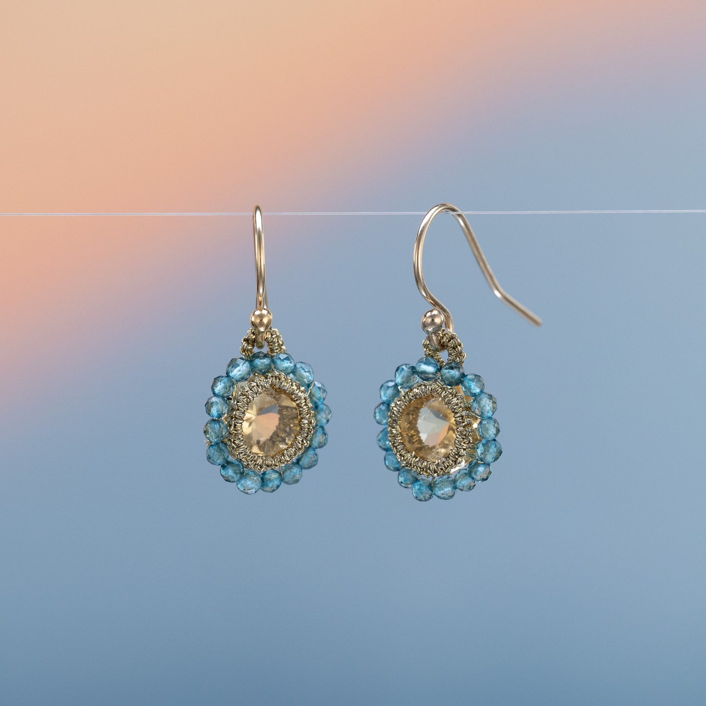 Load image into Gallery viewer, Danielle Welmond Caged Citrine and London Blue Quartz Orbit Earrings
