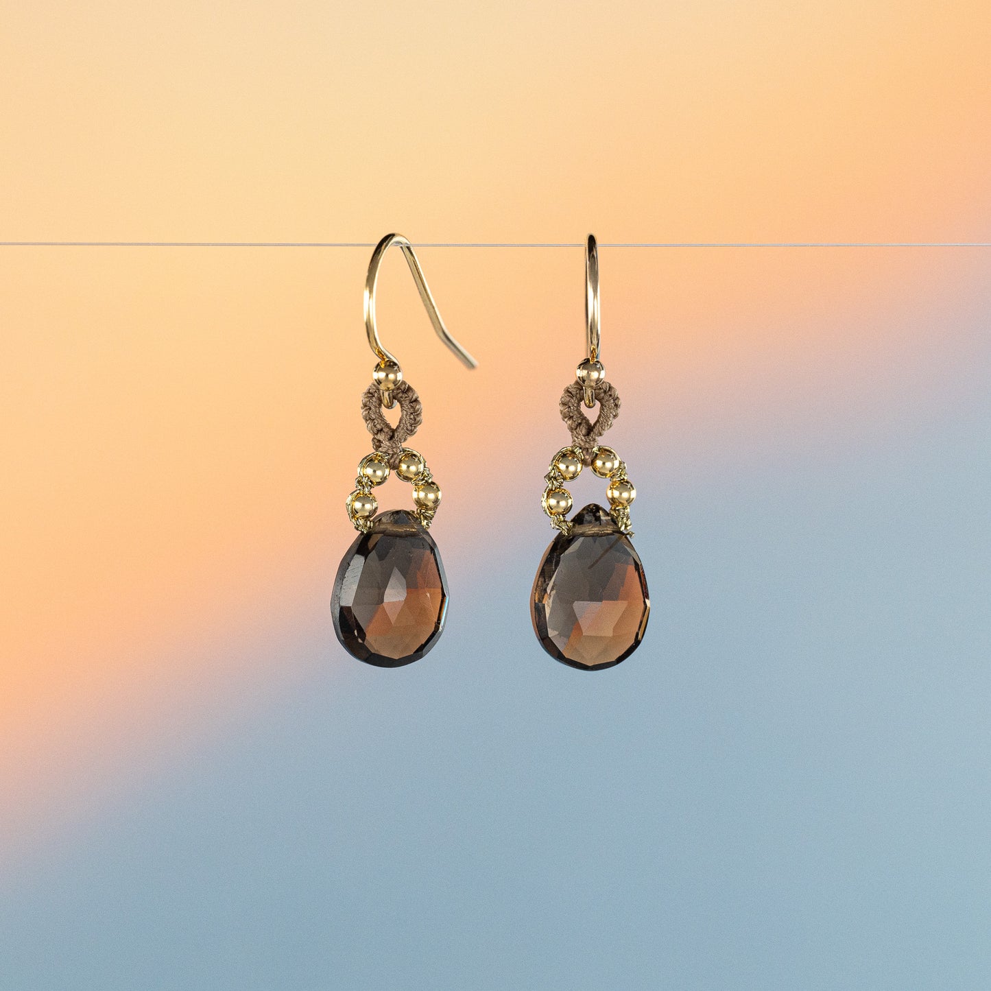 Load image into Gallery viewer, Danielle Welmond Smokey Quartz Drop Earrings with Coordinating Taupe Silk Cord
