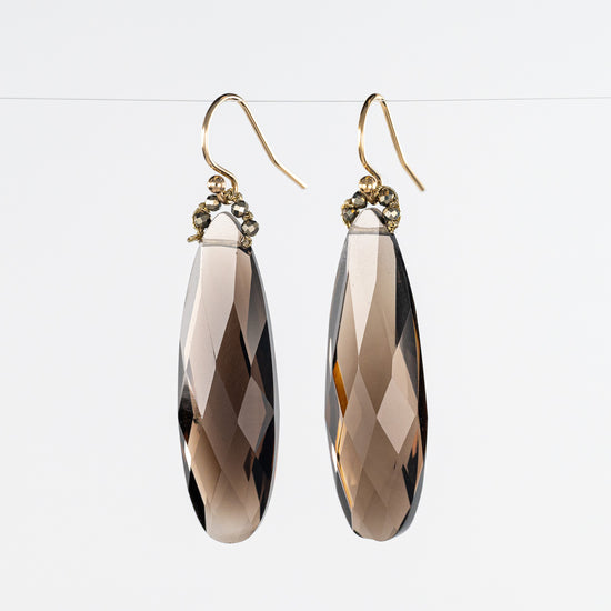 Load image into Gallery viewer, Danielle Welmond Long Smokey Quartz Drop Earrings with Pyrite Accent
