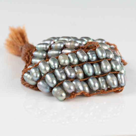Grey Pearl 3 Row Crochet Tassel Bracelet