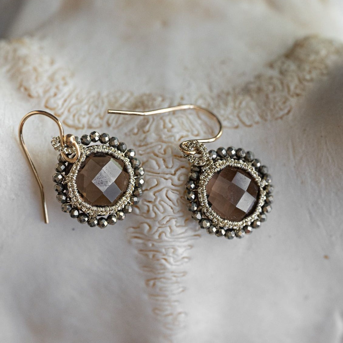 Danielle Welmond Caged Smokey Topaz and Pyrite Earrings