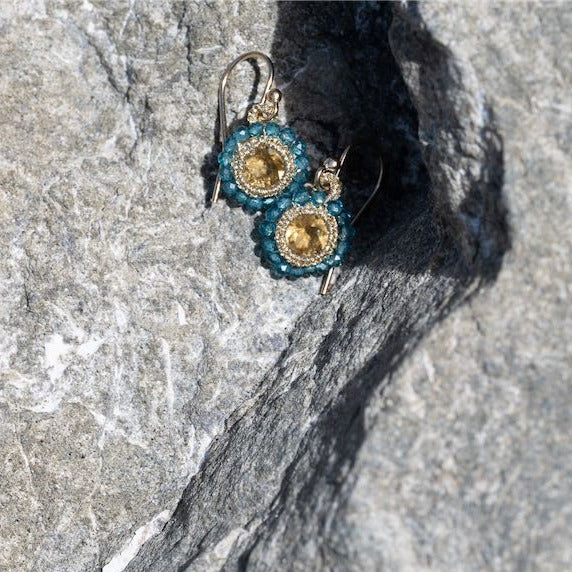 Load image into Gallery viewer, Danielle Welmond Caged Citrine and London Blue Quartz Orbit Earrings
