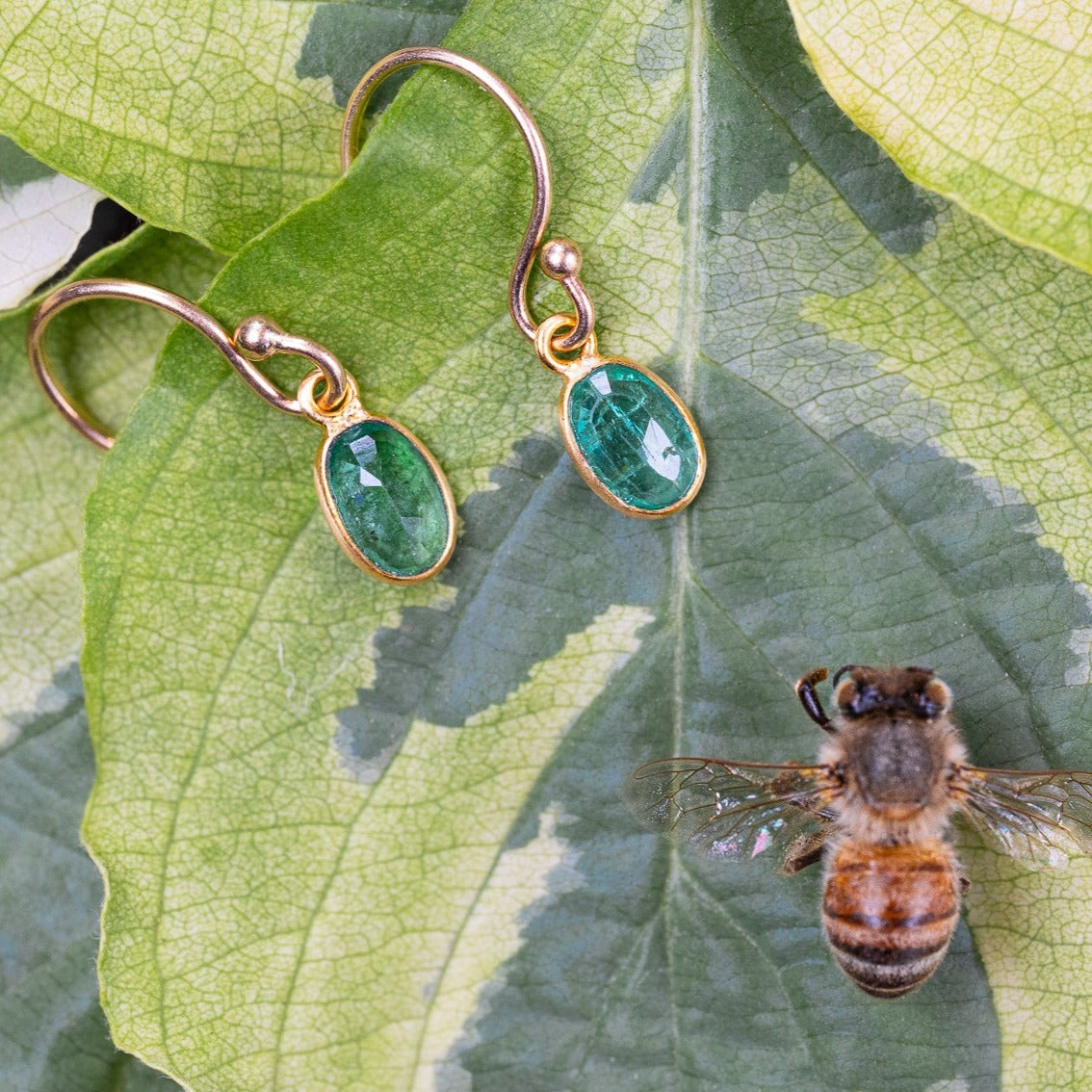18K Yellow Gold Oval Emerald Dangle Earrings