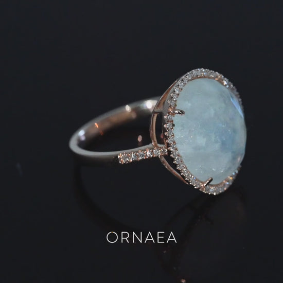 Load and play video in Gallery viewer, LIVEN 14K Rose Gold Rose Cut Organic Rainbow Moonstone Ring
