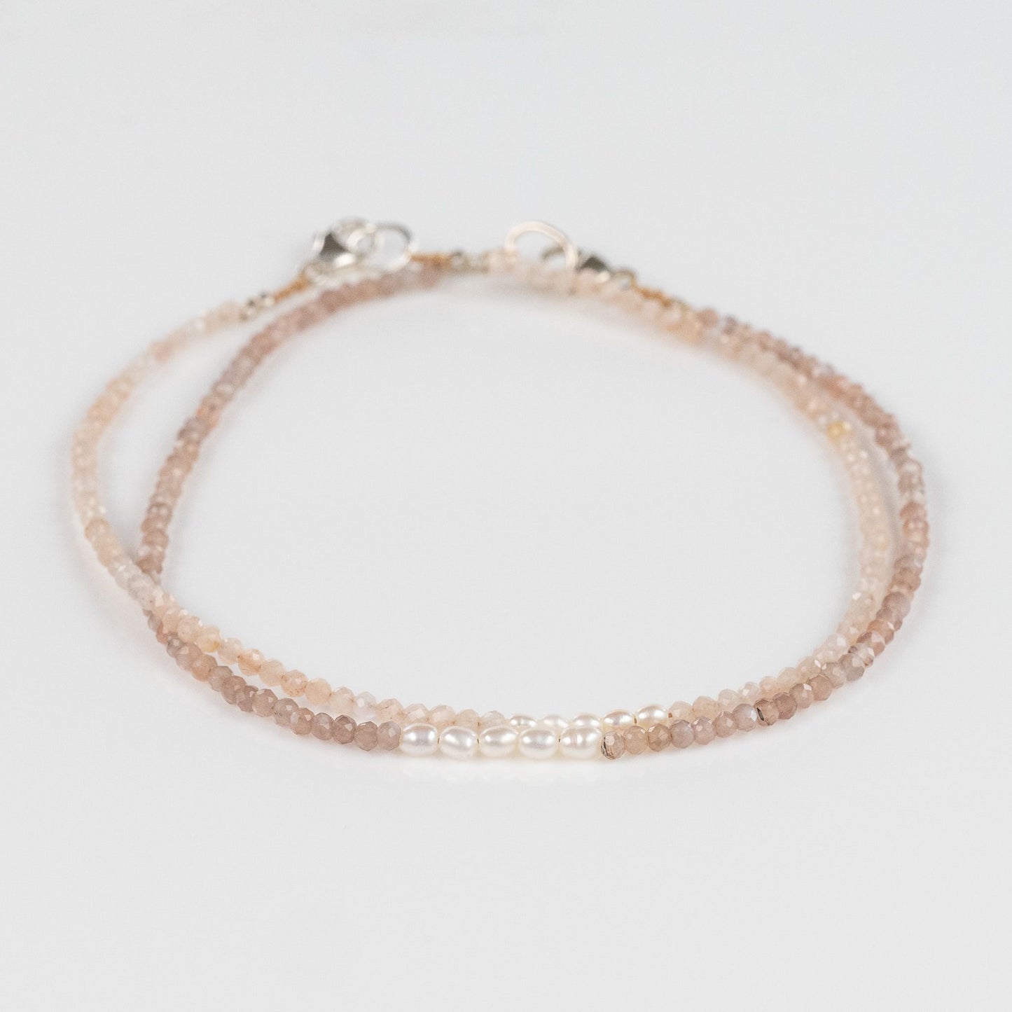 Peach Moonstone + Triple Freshwater Pearl Beaded Bracelet