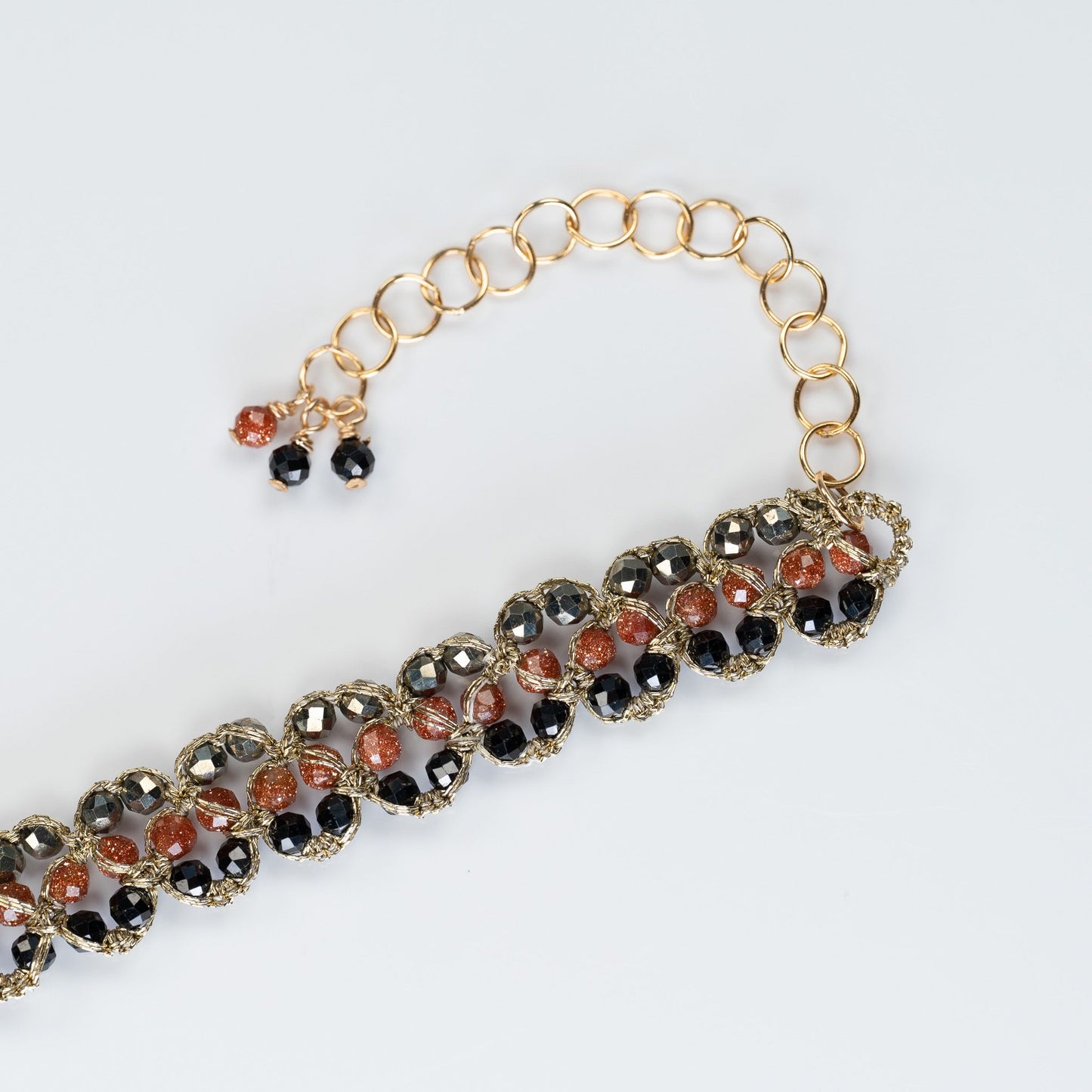 Load image into Gallery viewer, Woven Pyrite, Spinel and Sunstone Lace Bracelet
