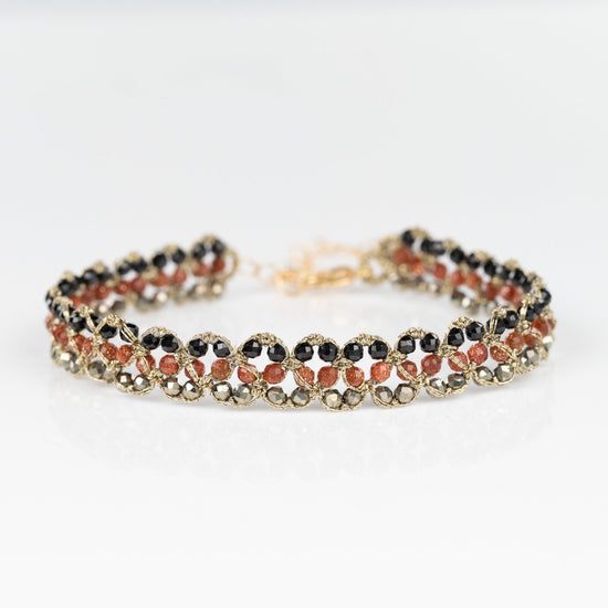 Woven Pyrite, Spinel and Sunstone Lace Bracelet