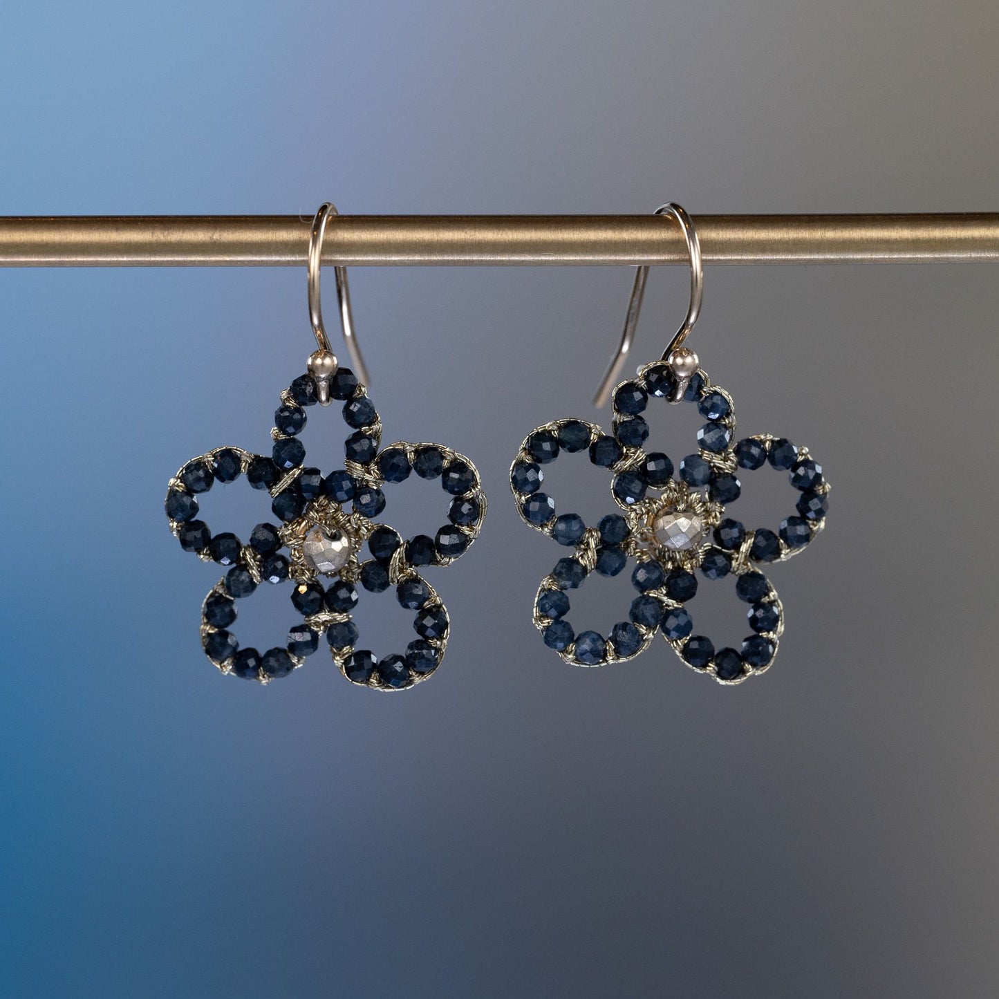 Load image into Gallery viewer, Daniel Welmond Woven Blue Sapphire and Pyrite Flower Earrings
