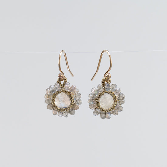 Load image into Gallery viewer, Danielle Welmond Caged Rainbow Moonstone Earrings with Labradorite Orbit
