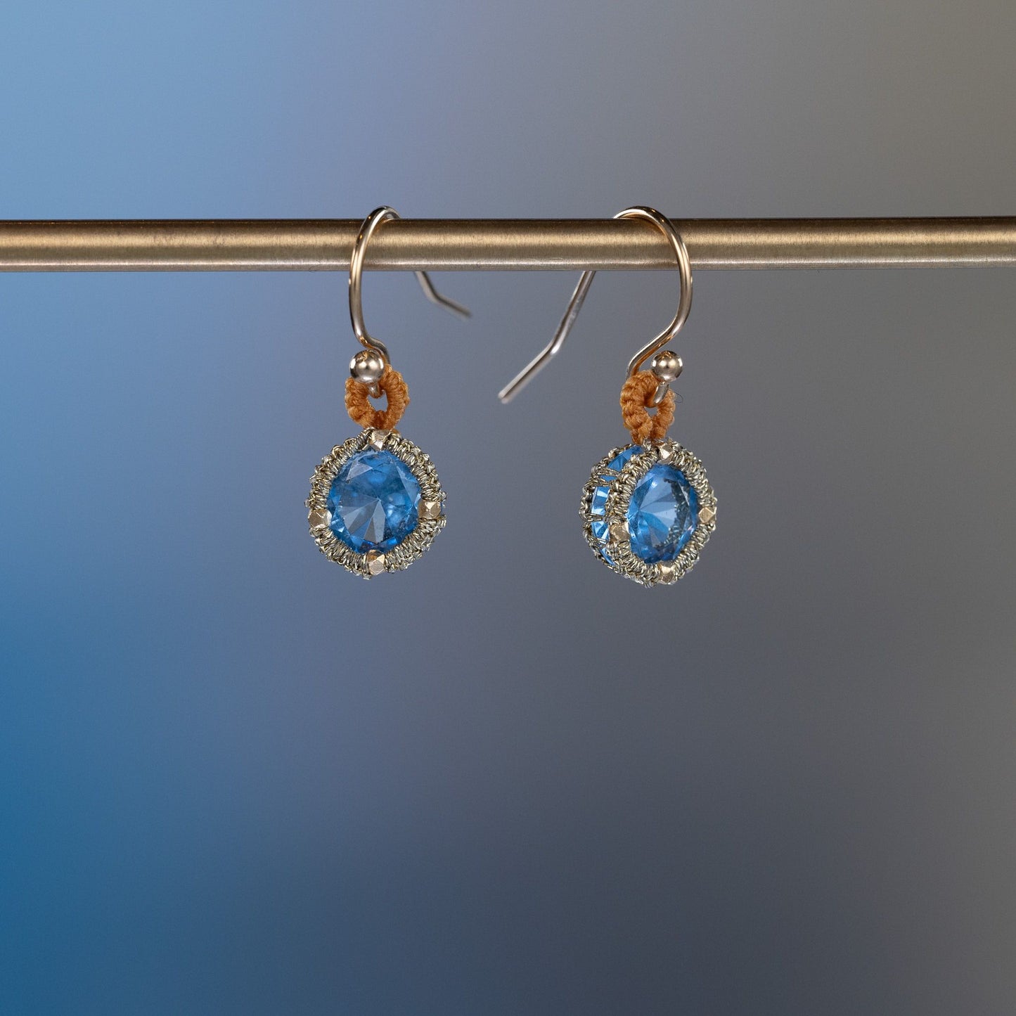 Load image into Gallery viewer, Danielle Welmond Caged Aqua Drop Earrings with Silk Mustard Cord Loop
