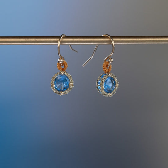 Load image into Gallery viewer, Danielle Welmond Caged Aqua Drop Earrings with Silk Mustard Cord Loop
