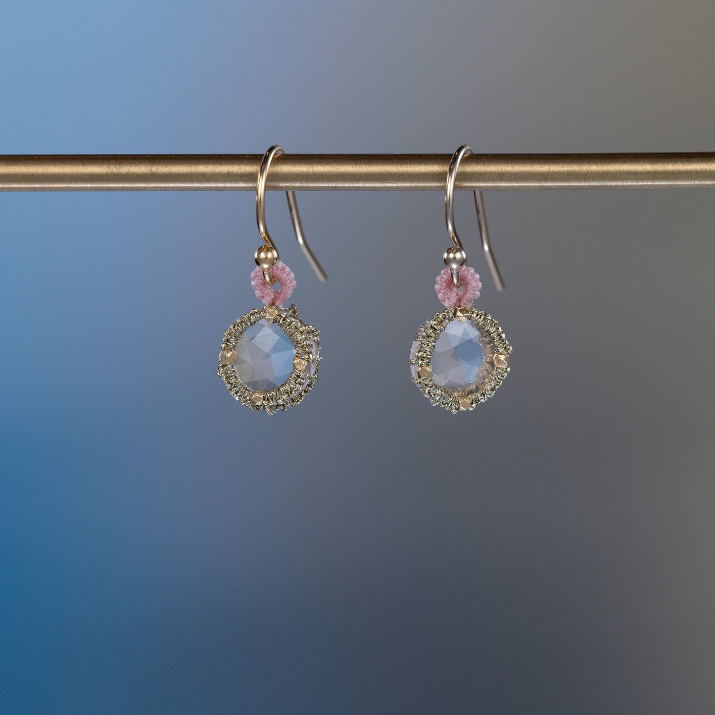 Danielle Welmond Caged Rose Quartz Earrings with Coordinating Soft Pink Silk
