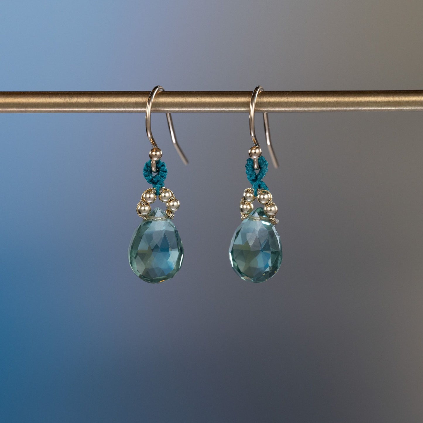 Load image into Gallery viewer, Danielle Welmond Indicolite Quartz Drop Earrings with Coordinating Blue Silk Cord
