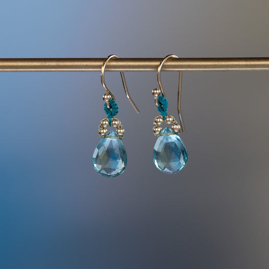 Load image into Gallery viewer, Danielle Welmond Aqua Quartz Drop Earrings with Coordinating Blue Silk Cord
