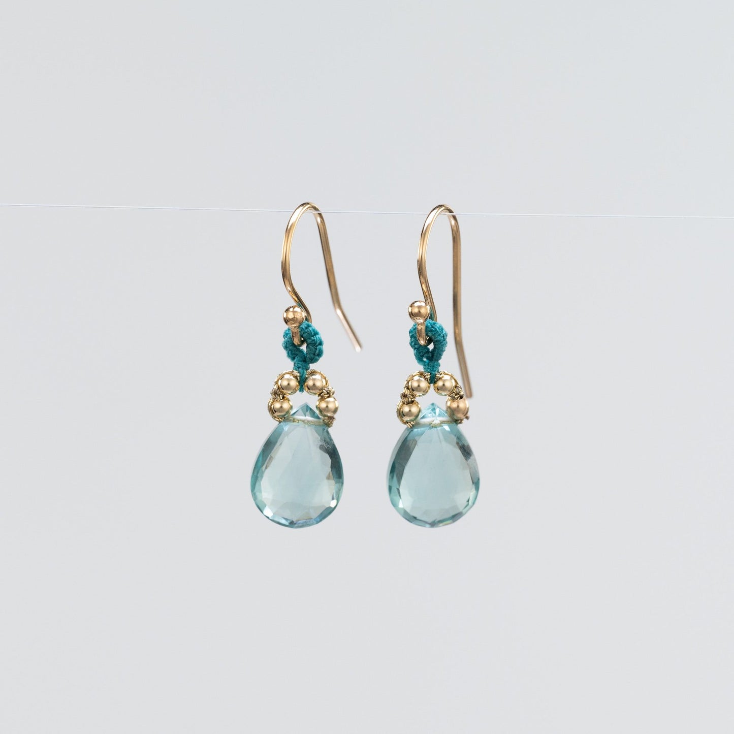 Load image into Gallery viewer, Danielle Welmond Aqua Quartz Drop Earrings with Coordinating Blue Silk Cord
