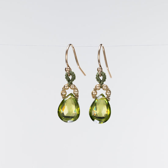 Load image into Gallery viewer, Danielle Welmond Peridot Quartz Drop Earrings with Coordinating Olive Silk Loop
