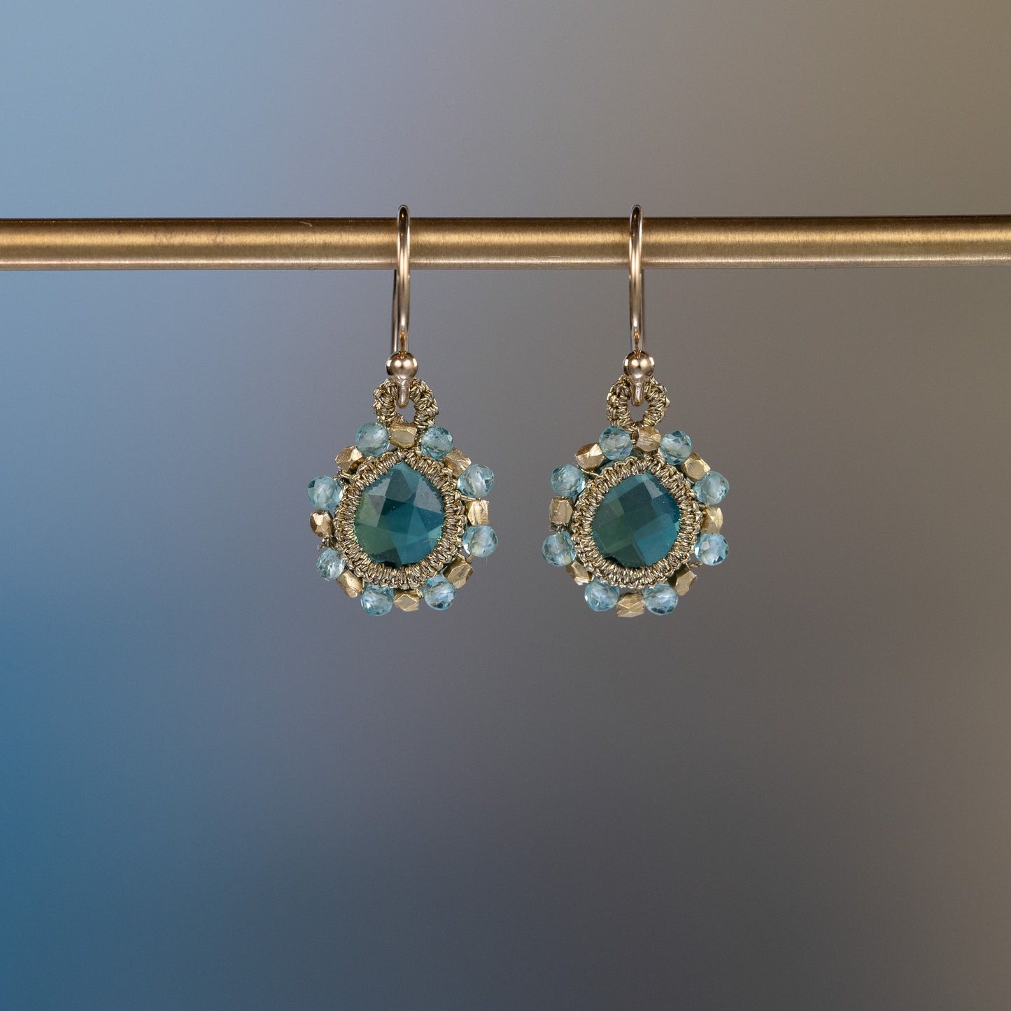 Load image into Gallery viewer, Danielle Welmond Caged Aqua Quartz With Apatite and Nugget Orbit Earrings

