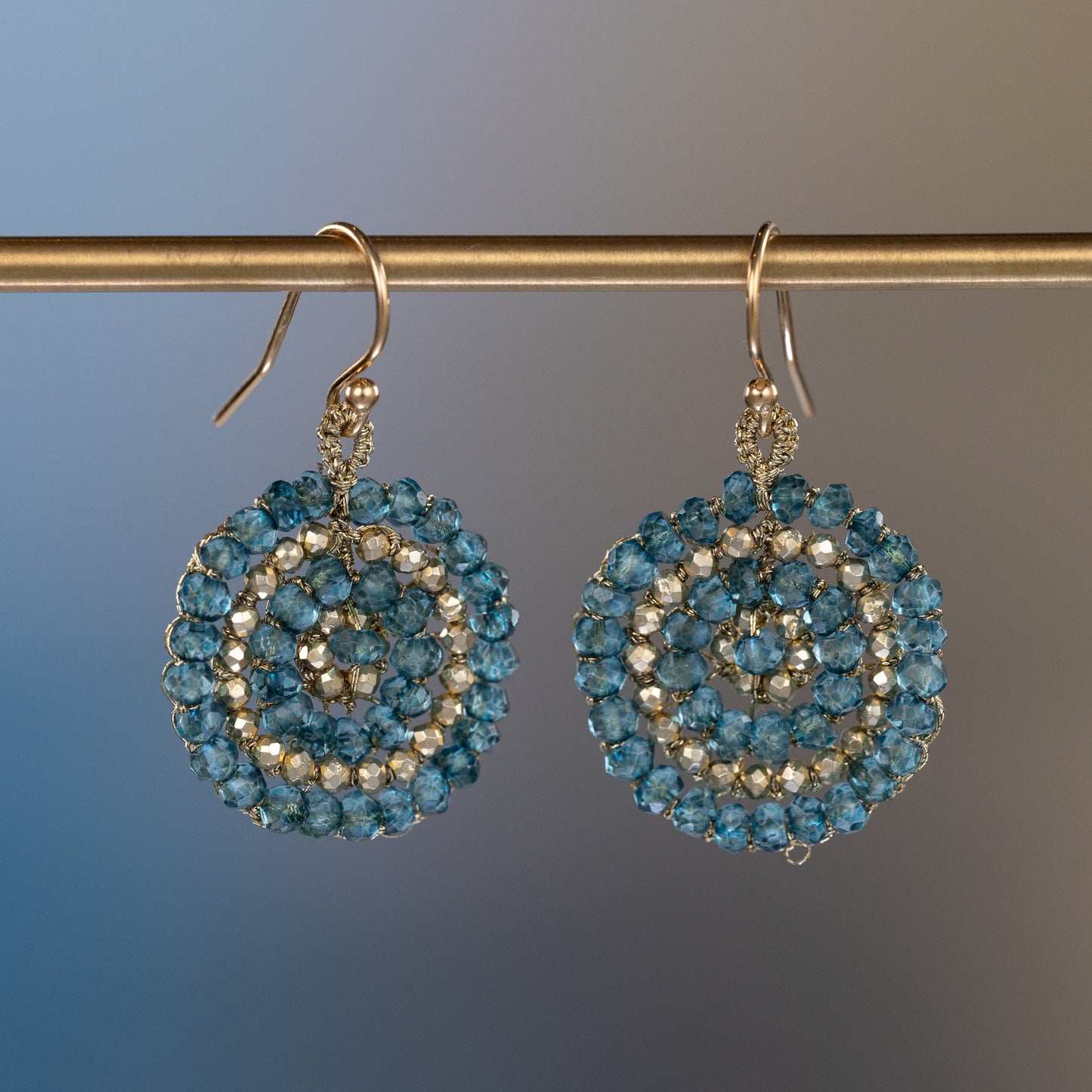 Danielle Welmond Woven London Blue Quartz and Pyrite Coin Earrings