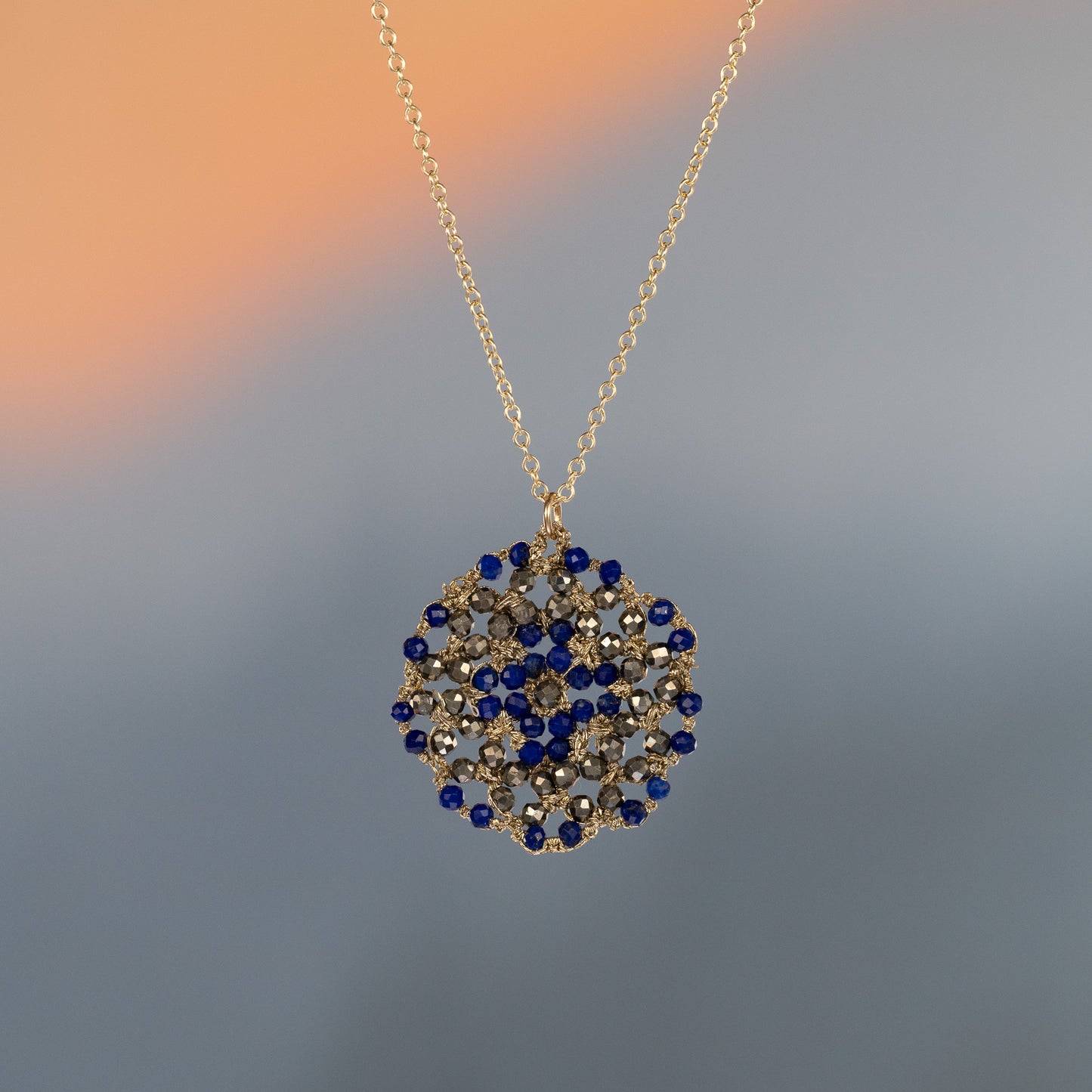 Danielle Welmond Woven Lapis and Pyrite Coin Necklace