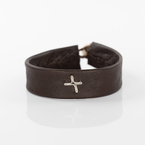 Silver Cross Bracelet on Brown Leather