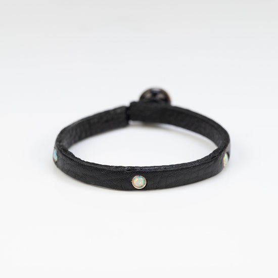 Opal Drop Black Leather Bracelet with Hashtag Vintage Closure
