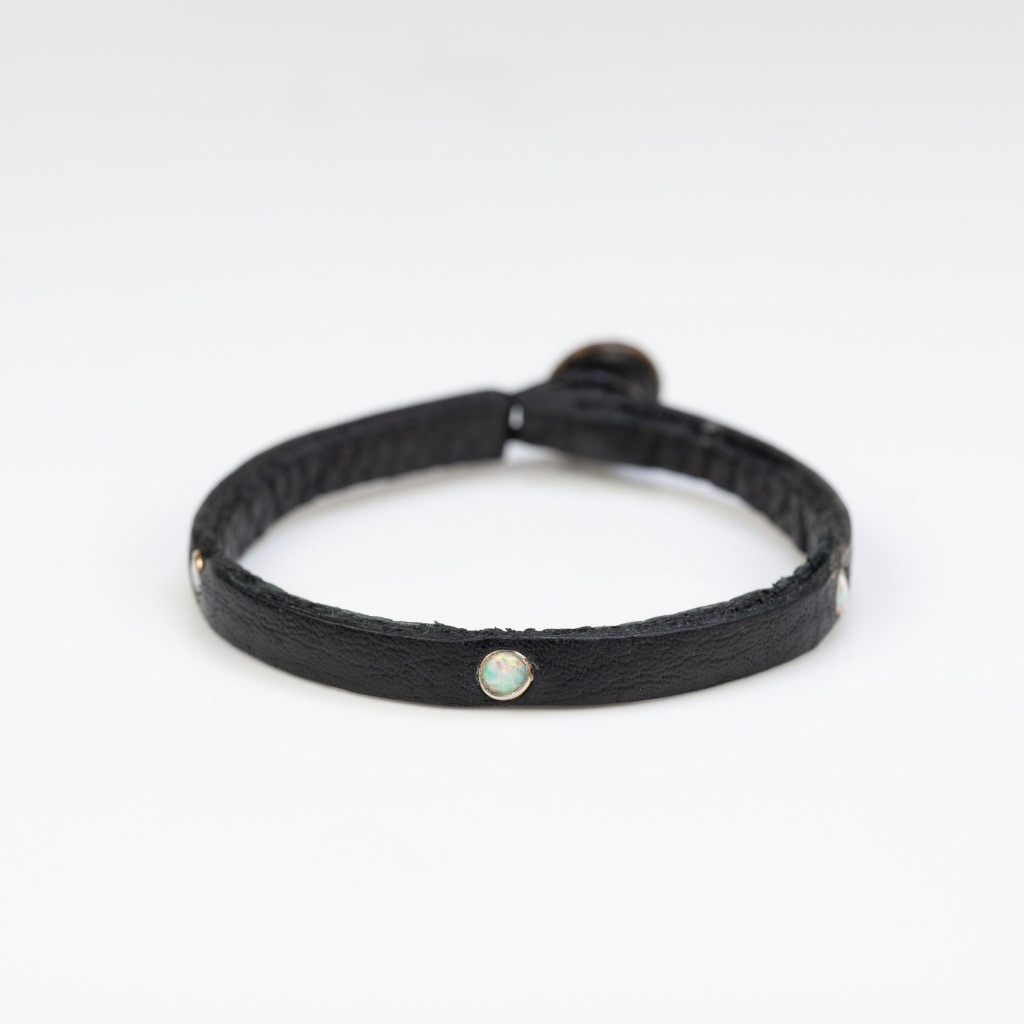 Opal Drop Black Leather Bracelet with Sacred Heart Vintage Closure