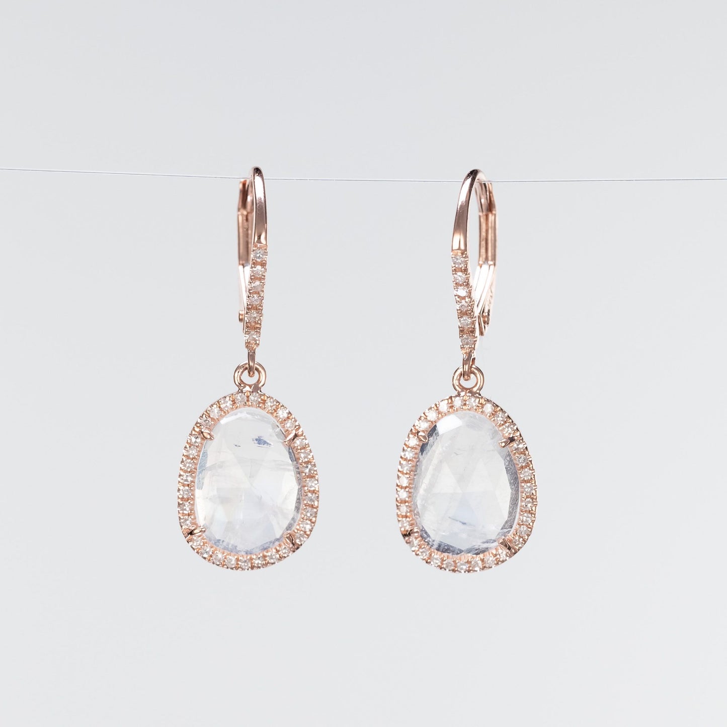 Load image into Gallery viewer, LIVEN 14K Rose Gold Rainbow Moonstone Dangle Earrings
