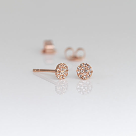 LIVEN 14K Rose Gold Small 4.5mm Diamond Pave Disc Post Earrings