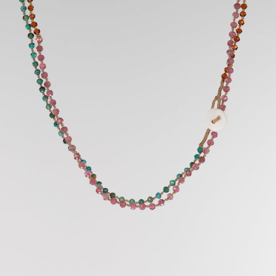 Turquoise, Pink Tourmaline and Hessonite Button Closure Necklace 32"