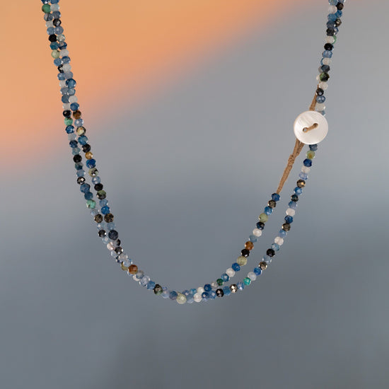 Load image into Gallery viewer, Assorted Blue Gemstone Button Closure Necklace 32&amp;quot;
