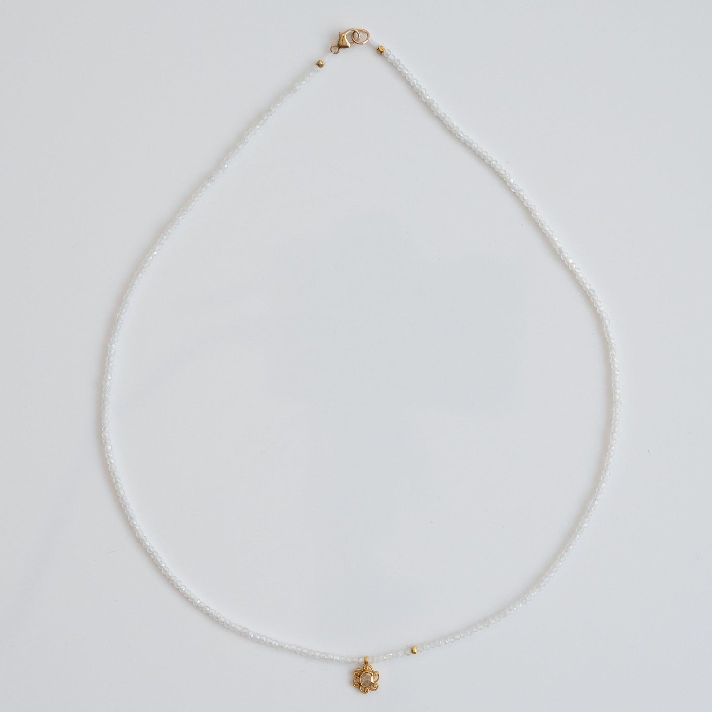 White Zircon Beaded Necklace with 18K Diamond Drop