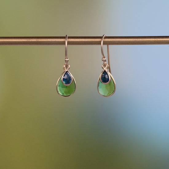 Load image into Gallery viewer, 18K Chrome Diopside + 14K Sapphire Drop Earrings
