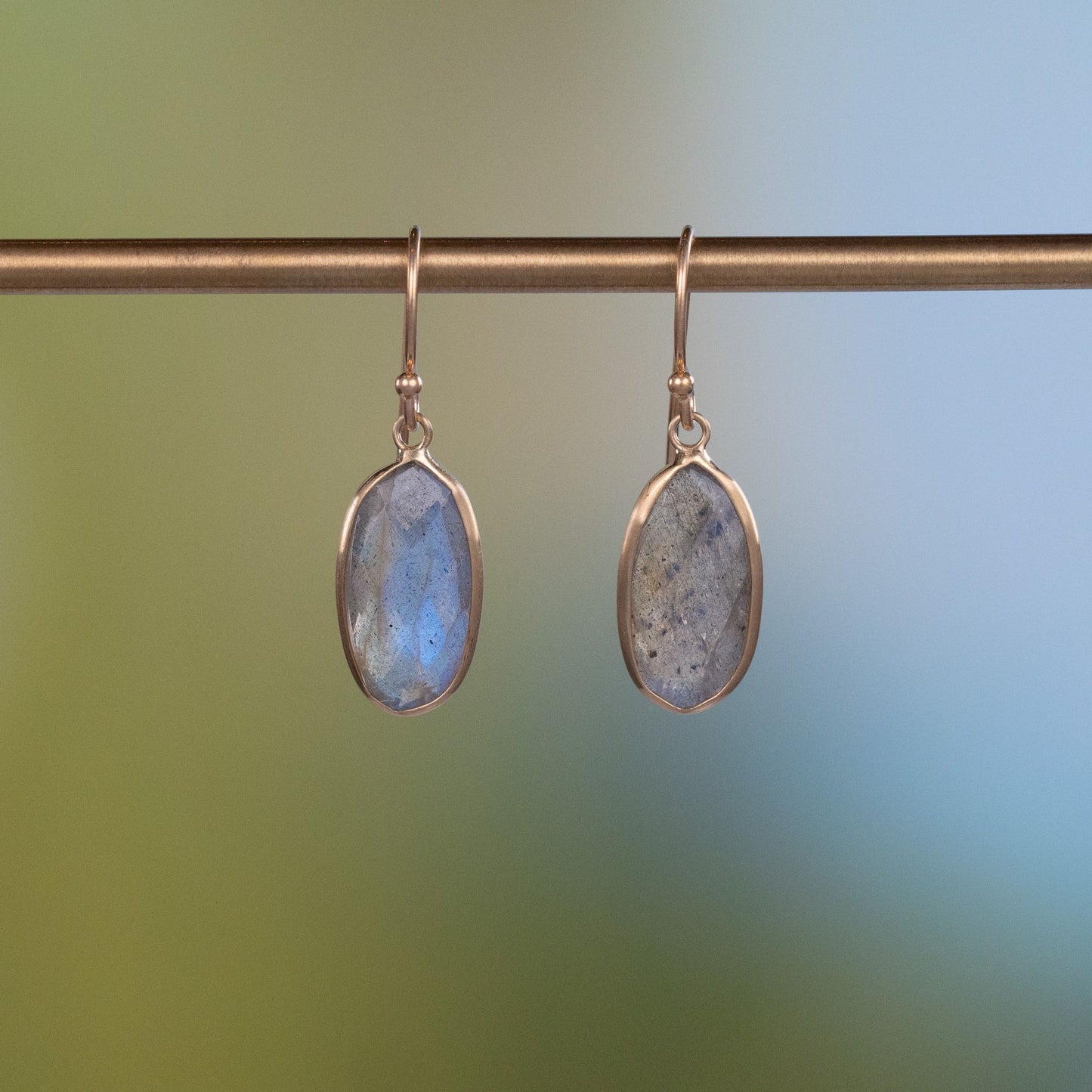 Load image into Gallery viewer, 14K Yellow Gold Oval Labradorite Dangle Earrings
