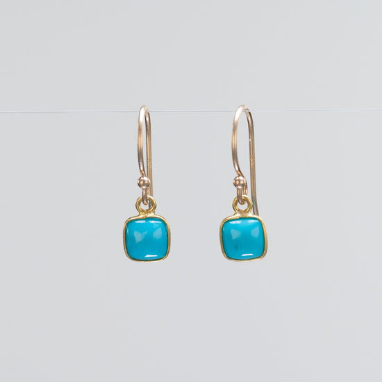 Load image into Gallery viewer, 18K Yellow Gold Square Sleeping Beauty Turquoise Dangle Earrings
