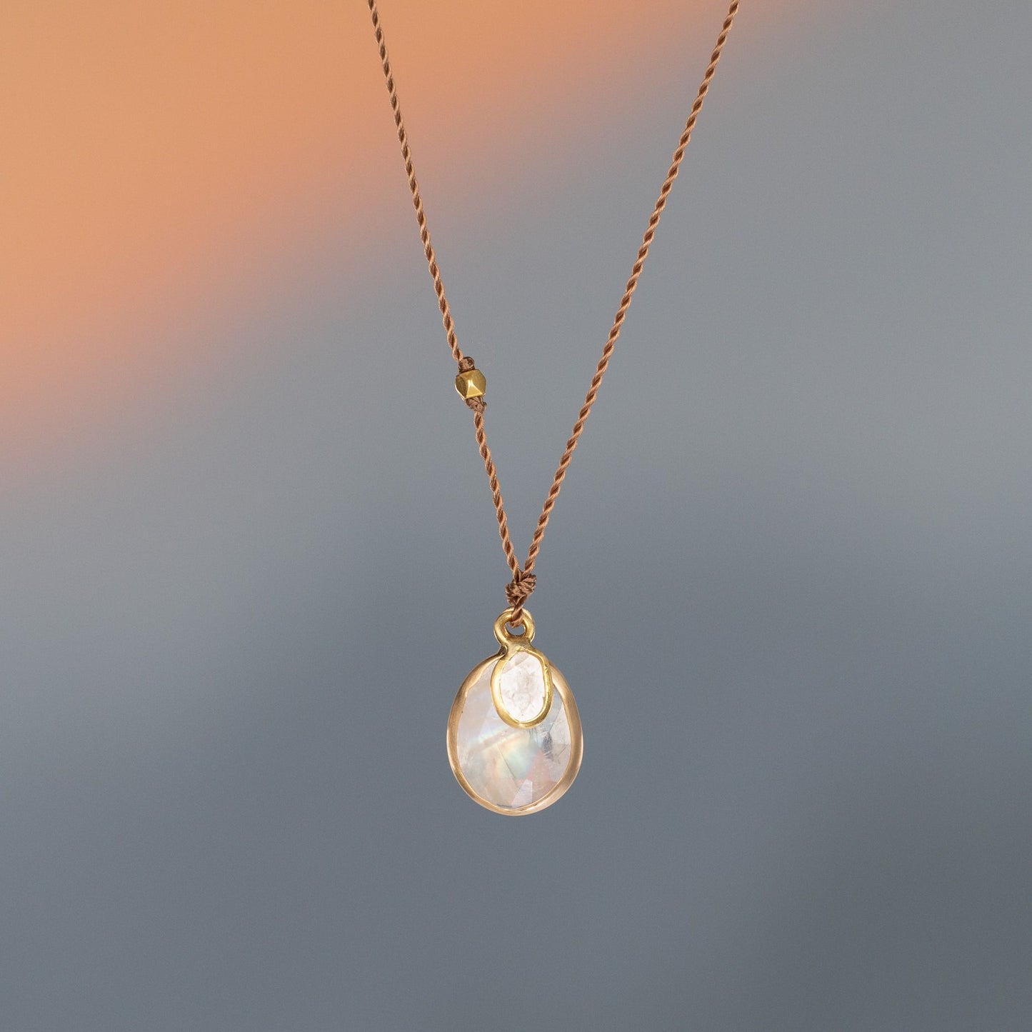 Load image into Gallery viewer, 18K Yellow Gold Rainbow Moonstone + Diamond Slice Necklace

