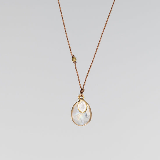 Load image into Gallery viewer, 18K Yellow Gold Rainbow Moonstone + Diamond Slice Necklace
