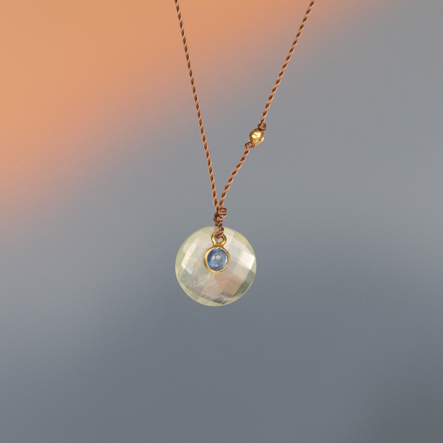 18K Yellow Gold Prehnite + Sapphire Necklace