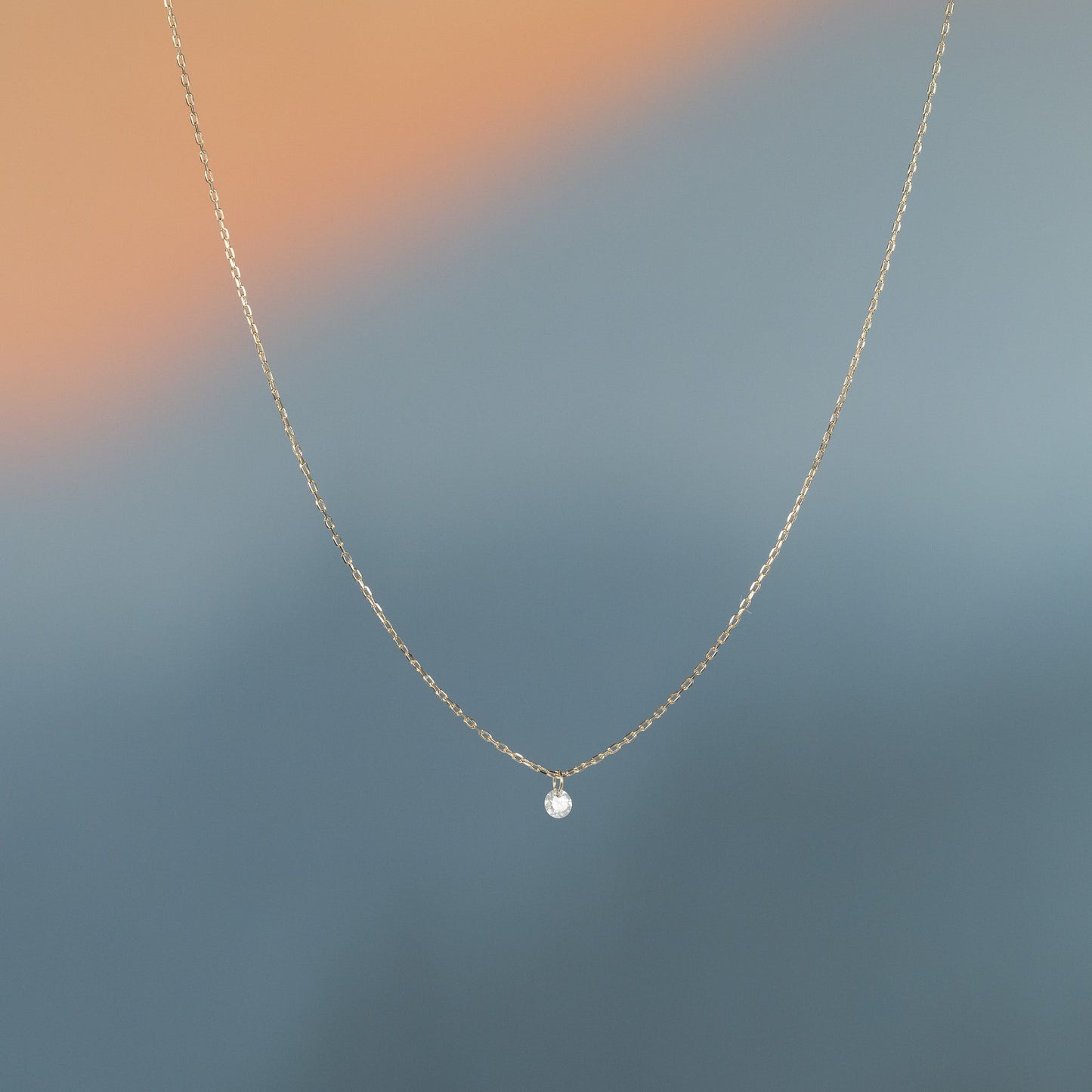 14K Yellow Gold Simple Chain Necklace with Small Floating Diamond